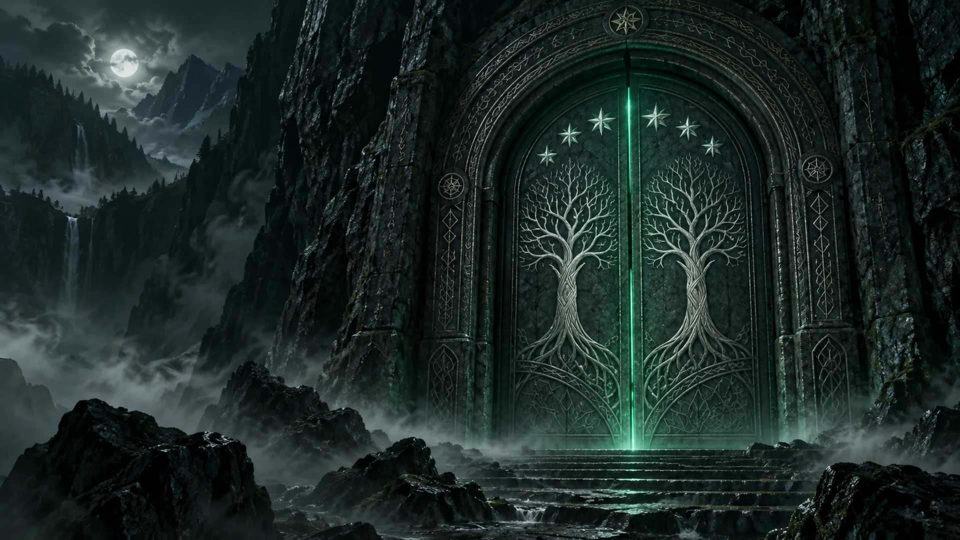 An engraved stone gate opening into emerald light